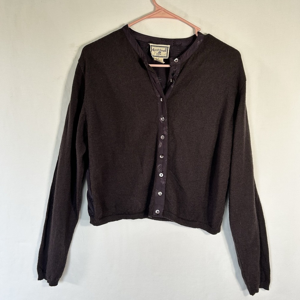 April Cornell Button Cardigan Sweater Mixed Media Trim Cropped Small Cottagecore